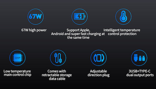 XO Зарядно за кола 104W с Портове: 1xUSB 1xType-C заедно с Кабел Lightning / Type-C Сив Цвят