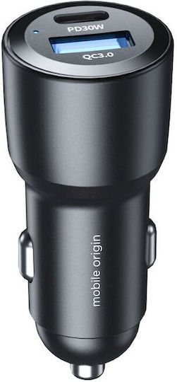 Mobile Origin Car Charger 60W 6A with Ports: 1xUSB 1xType-C Black Color