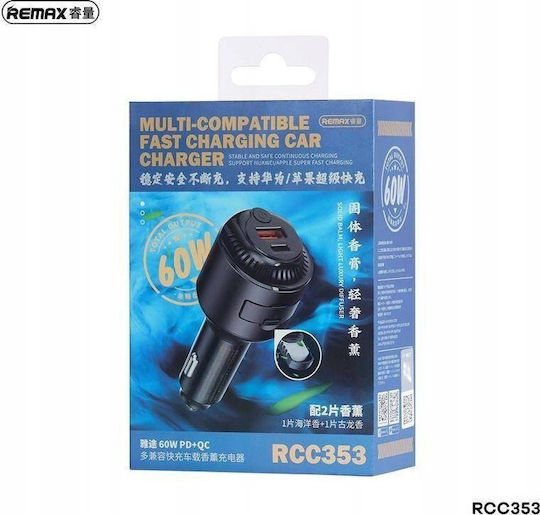 Remax Încărcător Auto 60W Încărcare Rapidă cu Porturi: 1xUSB 1xType-C Negru Culoare