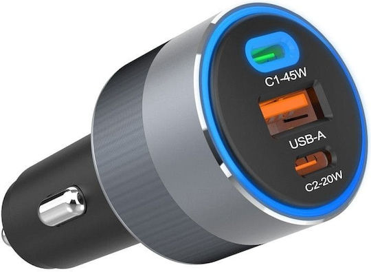 Forcell F-energy Car Charger 65W 4.5A Fast Charging with Ports 1xUSB 2xType-C Gray Colour