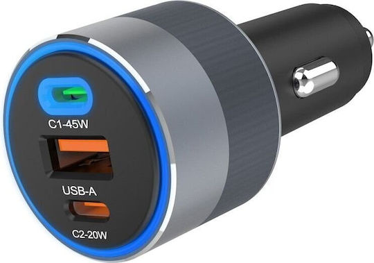 Forcell F-energy Car Charger 65W 4.5A Fast Charging with Ports 1xUSB 2xType-C Gray Colour