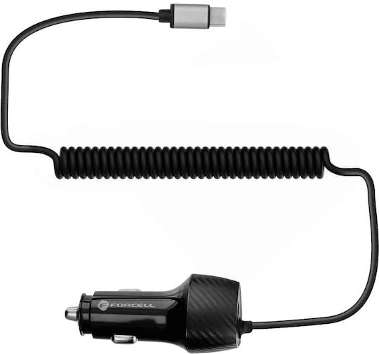 Forcell Autoladegerät 38W Schnellladen mit Einer Buchse 1xUSB zusammen mit Kabel Typ-C Schwarz Farbe