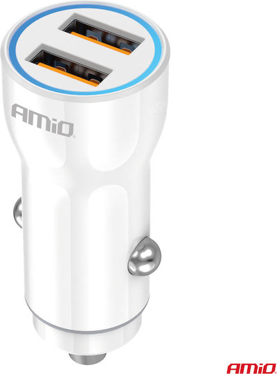 AMiO Φορτιστής Αυτοκινήτου 10.5W με Θύρες: 2xUSB μαζί με Καλώδιο Ενσωματωμένο Λευκός