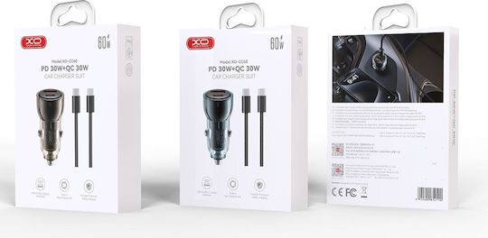 XO CC60 Car Charger 60W 3A with Ports: 1xUSB 1xType-C with Cable Type-C