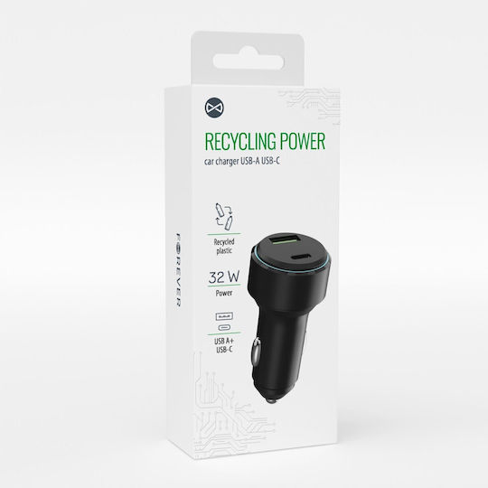 Forever Car Charger 32W with Ports: 1xUSB 1xType-C