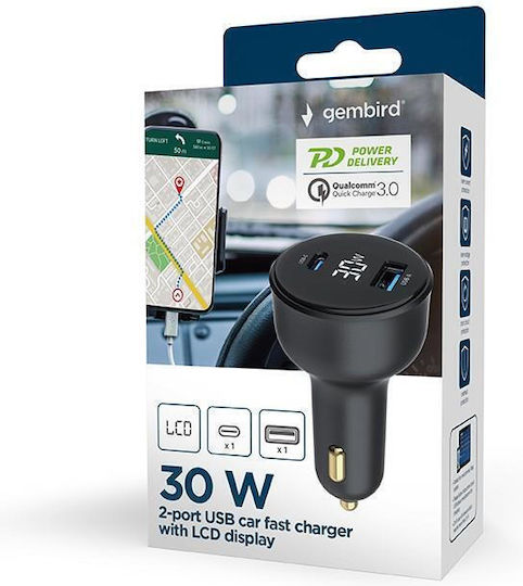 Gembird Автомобилно Зарядно Устройство 30W 4.8A с Портове 2xUSB-A 1xType-C с Кабел Type-C Черен Цвят