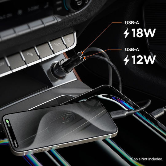 Spigen Ev302 Essential 30w Car Charger Car Charger 30W 3A with Ports: 2xUSB Black Color
