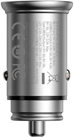Baseus Square Qc Încărcător Auto 30W cu Porturi: 1xUSB 1xType-C Negru Culoare