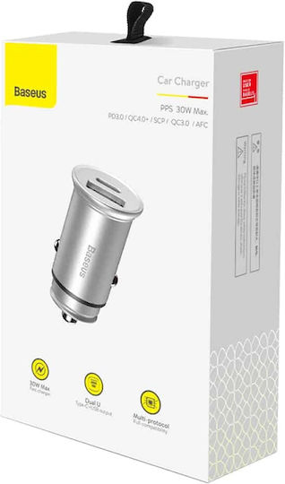 Baseus Square Qc Încărcător Auto 30W cu Porturi: 1xUSB 1xType-C Negru Culoare