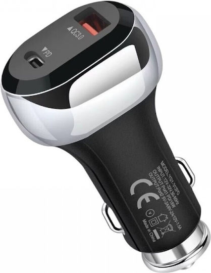 Car Charger 18W With Ports 1xUSB 1xType-C Black Colour