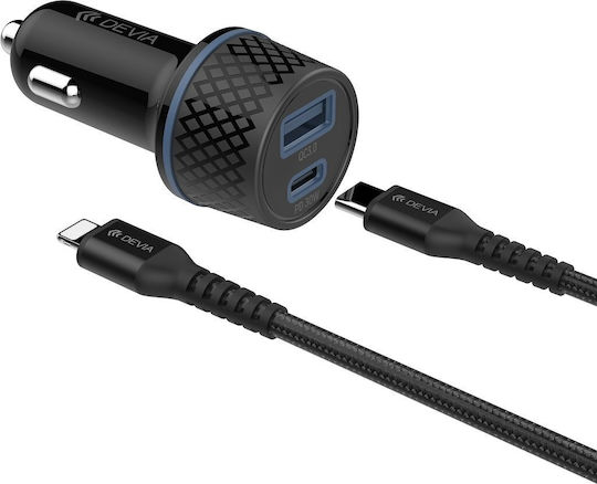 Devia Auto-Ladegerät 52.5W Schnellladung mit Anschlüssen: 1xUSB 1xType-C mit Kabel Blitzschlag Schwarz Farbe