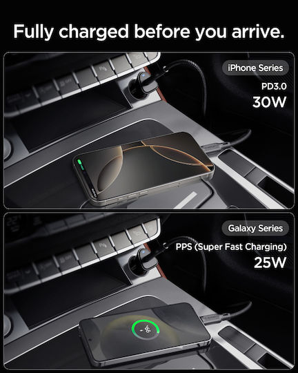 Spigen Essential 30w Car Charger Car Charger 30W with one Port: 1xType-C Black Color