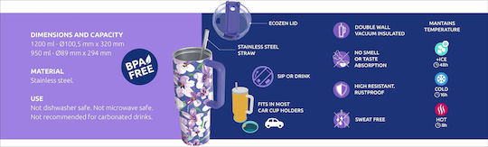 Quokka Handled Tumbler Θερμός Ανοξείδωτο BPA Free 1.2lt Flower Dusk με Καλαμάκι και Λαβή