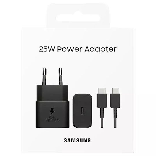 Samsung Charger GaN with USB-C Port and Cable USB-C 25W Power Delivery Blacks (EP-T2510EBE + EP-DN980BBE Bulk)