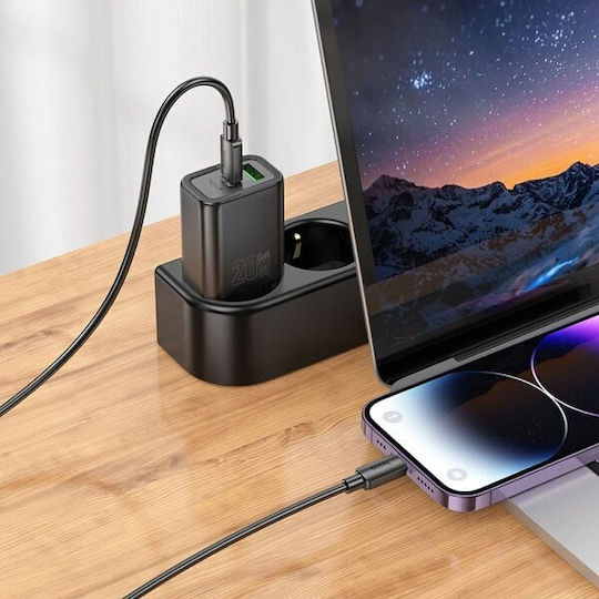 Hoco Charger with USB-A Port and USB-C Port and Cable USB-C 20W Power Delivery / Quick Charge 3.0 Blacks (N61)