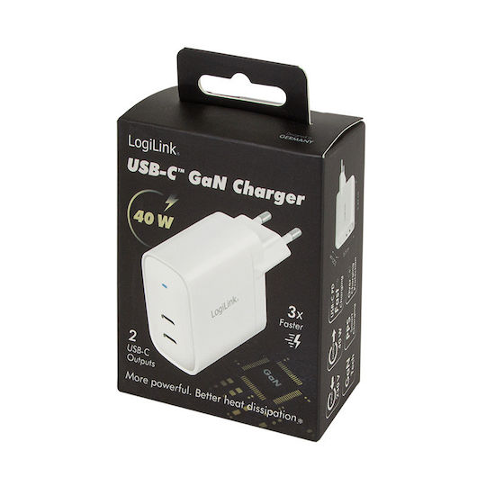 LogiLink Φορτιστής Χωρίς Καλώδιο GaN με 2 Θύρες USB-C 40W Power Delivery Λευκός (PA0282)