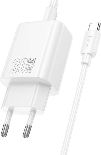 Hoco Φορτιστής με Θύρα USB-C και Καλώδιο USB-C - USB-C 30W Power Delivery / Quick Charge 3.0 Λευκός (N62)