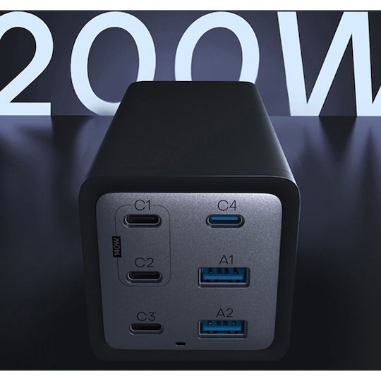 Conceptronic Charging Stand with 2 USB-A Ports and 4 USB-C Ports 200W Power Delivery in Black color (OZUL06BE)