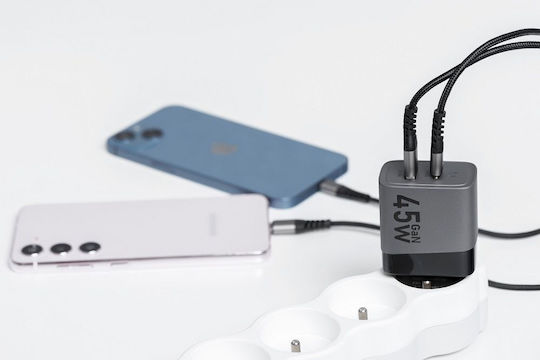 Forcell Ladegerät ohne Kabel GaN mit USB-A Anschluss und USB-C Anschluss 45W Stromlieferung / Schnellaufladung 4.0 Gray