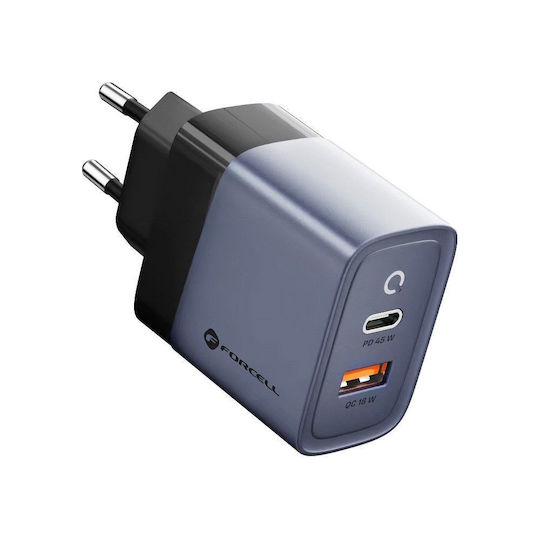 Forcell Ladegerät ohne Kabel GaN mit USB-A Anschluss und USB-C Anschluss 45W Stromlieferung / Schnellaufladung 4.0 Gray