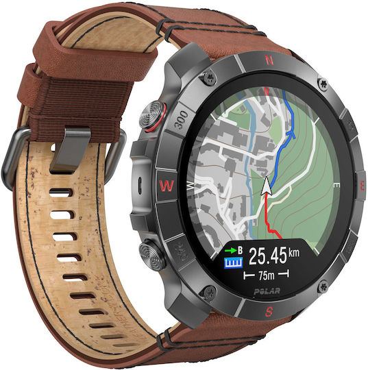 Polar Grit X2 Pro Titan Stainless Steel 49mm Waterproof Smartwatch with Heart Rate Monitor (Brown Leather Strap - M/L)