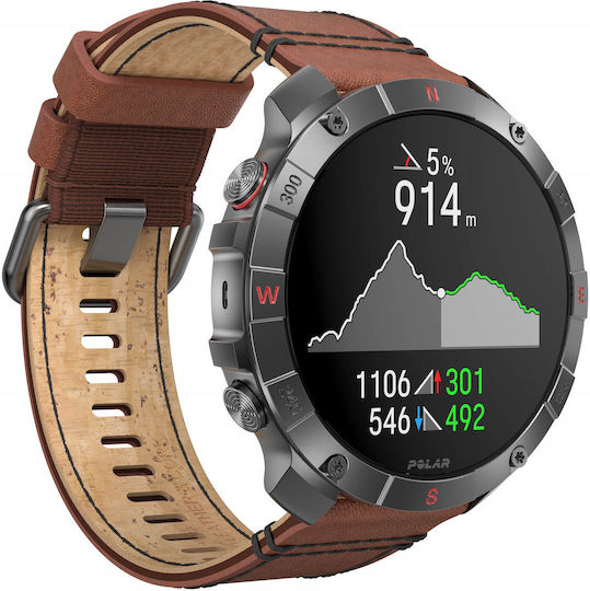 Polar Grit X2 Pro Titan Stainless Steel 49mm Waterproof Smartwatch with Heart Rate Monitor (Brown Leather Strap - M/L)