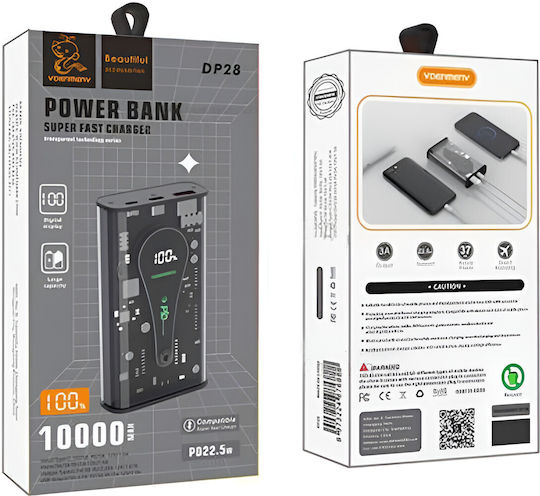 VDENMENV DP28 Power Bank 10000mAh 22.5W cu Port USB-A și 2 Porturi USB-C Livrarea energiei Negru