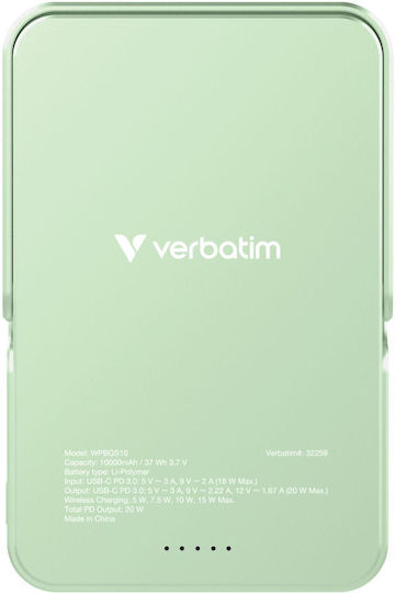Verbatim Charge 'n' Go MagSafe Power Bank 10000mAh 20W с USB-C порт Power Delivery Зелен