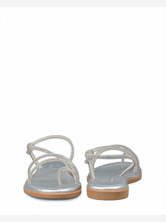 Leather Women's Flat Sandals in Silver Color