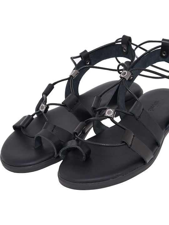 Leather Women's Flat Sandals in Black Color