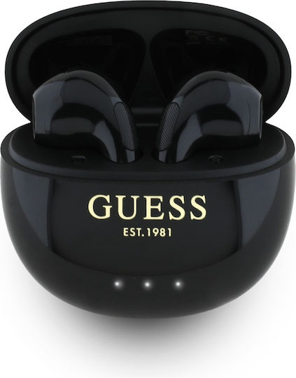 Guess Glossy Effect Earbud Bluetooth Handsfree Ακουστικά με Αντοχή στον Ιδρώτα και Θήκη Φόρτισης Μαύρα