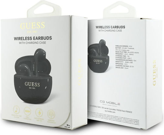 Guess Glossy Effect Earbud Bluetooth Handsfree Ακουστικά με Αντοχή στον Ιδρώτα και Θήκη Φόρτισης Μαύρα
