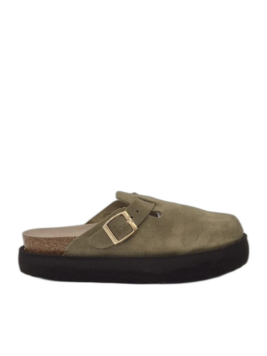 Leder Mules mit Absatz in Grün Farbe