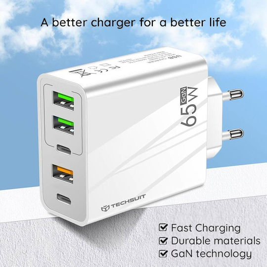 Techsuit Ladegerät mit 3 USB-A Anschlüsse und 2 USB-C Anschlüsse und Kabel USB-C - USB-C 20W Stromlieferung / Schnellaufladung 3.0 Weißs (CHC2)