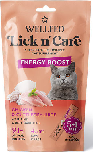 Gustare cremoasă pentru pisici Wellfed Lick N’ Care Energy Boost 90g