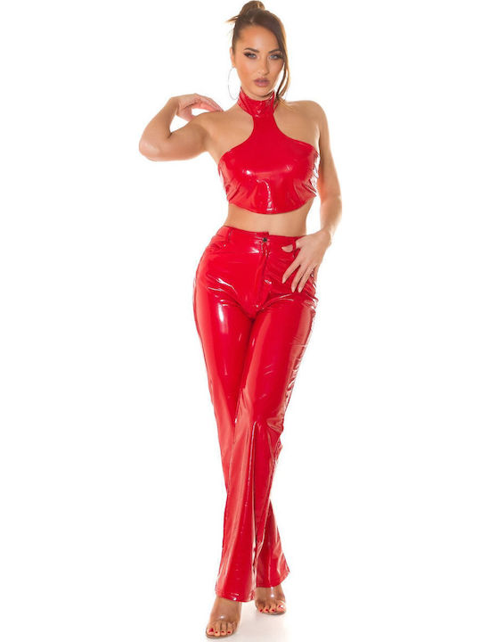 Women's High-waisted Fabric Trousers Straight Line Red