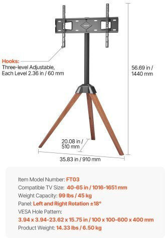 Vevor TYSDLDDSJZJZLU43E001V0 Βάση Τηλεόρασης Δαπέδου έως 65" και 45kg
