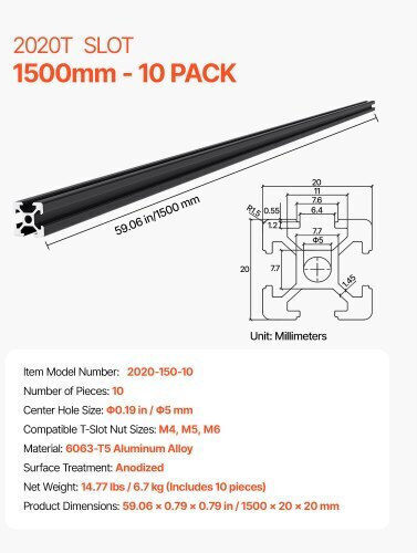 Vevor 10 Τεμάχια 59" 1500mm Ανοδιωμένη Αλουμινένια Ράγα T Slot 2020 2020oblxc10jtx6jk001v0
