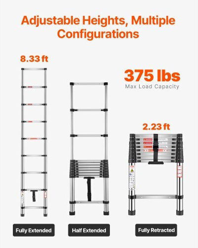 Vevor Telescopic Ladder Steel 9 of Steps with Maximum Height 2.54m