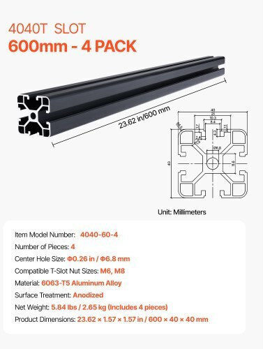 Vevor Set of 4 Pieces 23.6" 600mm Anodized Aluminum Rail T Slot 4040 4040oblxcdg4ju9mr001v0