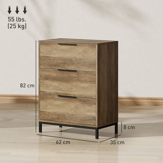 Wooden & Metallic Chest of Drawers with 3 Drawers Dark Brown 62x35x82cm