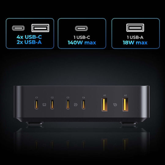 Voltme Charging Stand GaN with 2 USB-A Ports and 4 USB-C Ports 240W Power Delivery in Black color (Revo 240)