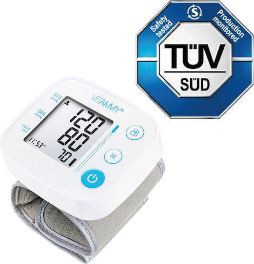 Vitammy Next 0.1 Monitor Electronic de Tensiune Arterială pentru Încheietură Măsurare în Timpul Umflării Manșetei Detectare Aritmie Detectare Mișcare Corporală Memorie 2 Utilizatori Dimensiune Manșetă 12.5-21.5 Cm Alb