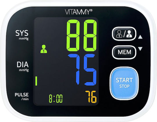 Tensiometru electronic de braț Vitammy Smart 8 măsurare în timpul umflării manșetei detectare aritmie afișaj color memorie 2 utilizatori x 60 rezultate dimensiune manșetă 22-42 cm negru