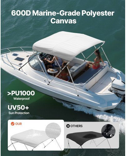 Vevor Copertină Bimini pentru Barcă cu 3 Arcuri 72"l x 85"-90"w x 46"h Deschis Gri