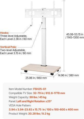 Βάση Τηλεόρασης Vevor Rolling Tv Cart Φορητή Τηλεόραση Χωρητικότητα Έως 45 Κιλά Οθόνες 32-70 Ιντσών