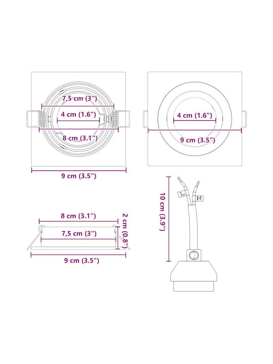 vidaXL Square Metallic Ceiling Spot with Built-in LED and Warm White Light Silver 9.1x9.1cm 6pcs