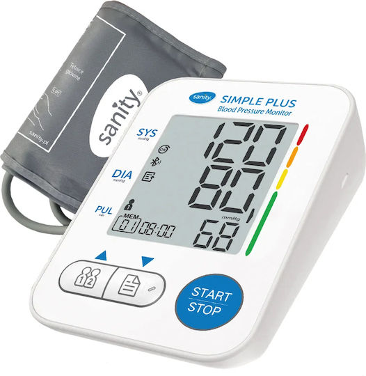 Sanity Simple Plus Tensiometru Electronic de Braț cu Memorie pentru 2 Utilizatori Manșetă 22-32 cm Detectare Aritmie Detectare Mișcare Corporală Ecran LCD Iluminat USB Cablu Bluetooth Cutie de Depozitare