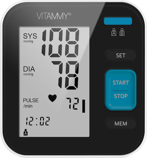 Tensiometru electronic de braț Vitammy Next 5 Basic, port USB, detectare aritmie, detectare mișcare corporală, manșetă 22-40 cm, negru alb