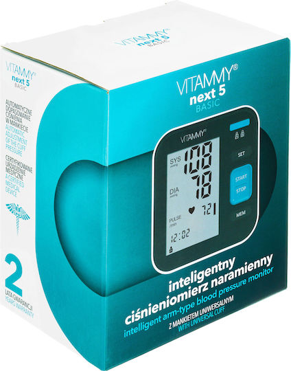 Tensiometru electronic de braț Vitammy Next 5 Basic, port USB, detectare aritmie, detectare mișcare corporală, manșetă 22-40 cm, negru alb
